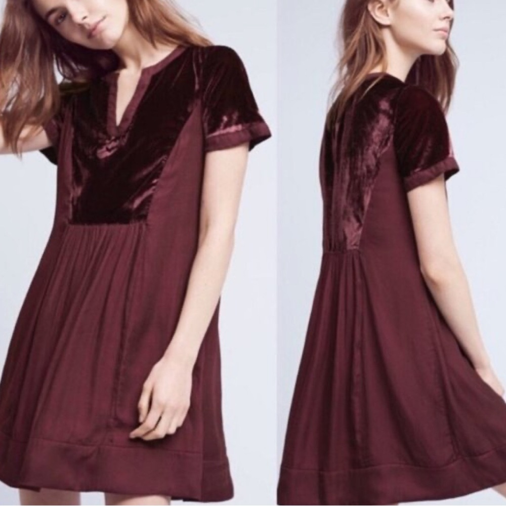 Anthropology MAEVE Velvet Trim Midi V-neck Babydoll Dress in Deep Plum